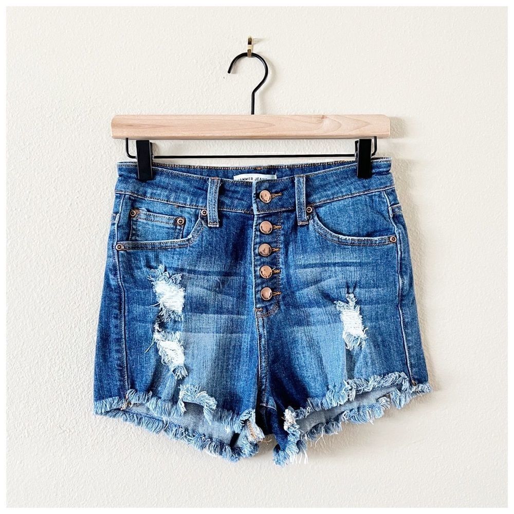 Hammer Jeans High Rise Distressed Exposed Button Fly Cut Off Shorts Sz M